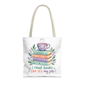 Book Lover Tote Bag — “I Read Books Like It’s My Job” Illustrated Stack & Tea