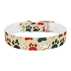 Paw Print Dog Collar — Colorful Red, Teal & Brown Paw Pattern