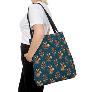 Evil eye floral tote bag by DipaliZ in a teal repeating pattern