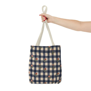 Gingham Rose Tote Bag — Vintage Navy Check Floral All-Over Print Tote
