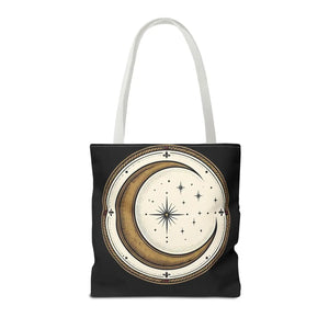 Celestial Crescent Moon Tote Bag – Vintage Starry Night AOP Canvas