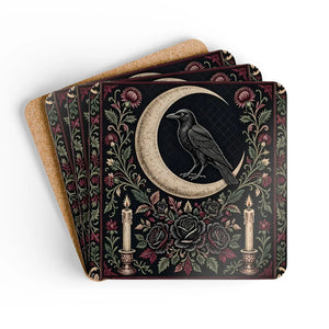 Moon Raven Cork Coaster Set — Gothic Floral Drink Coasters