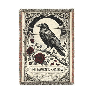 Woven throw by DipaliZ pairing a crow with full-blown gothic roses
