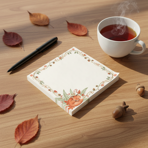 A square notepad with a warm cream center and a decorative border featuring a sleeping fox, green ferns, and small red flowers, shown on a clean white background.