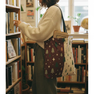 Holiday Pine Pattern Tote Bag — Woven Two-Tone Christmas Tree Design