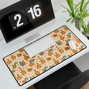 Cute Orange Cat Pattern Desk Mat — Large Playful Mouse & Floral Gaming/Office Desk Pad