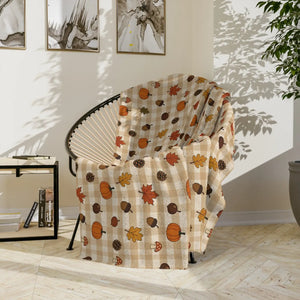 Autumn Plaid Pumpkin & Leaves Throw Blanket