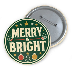 Merry & Bright Christmas Pin Button — Holiday Jacket Lapel Badge