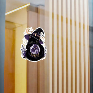 Mystical witch cat crystal ball kiss-cut vinyl decal - home decor decals