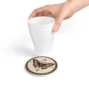 Death's-head Moth Ceramic Coaster | Gothic Butterfly Illustration, Cork Back