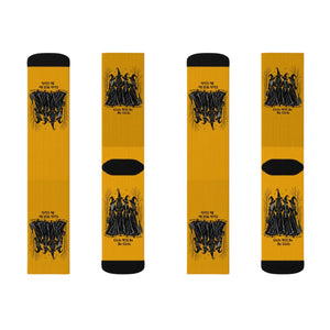 Witches Graphic Socks — Yellow Sublimation Crew Socks with “Girls will be girls” Design