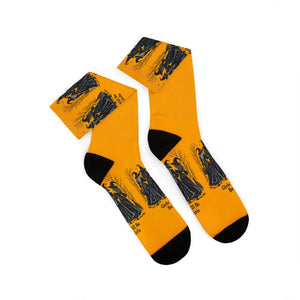 Witches Graphic Socks — Yellow Sublimation Crew Socks with “Girls will be girls” Design