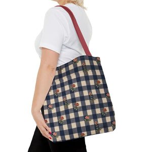 Gingham Rose Tote Bag — Vintage Navy Check Floral All-Over Print Tote