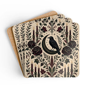 Gothic Raven Cork Coaster Set — Crescent Moon, Roses & Candles