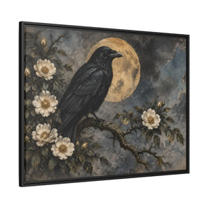 Framed canvas wall art – gothic raven and moon floral painting - printable