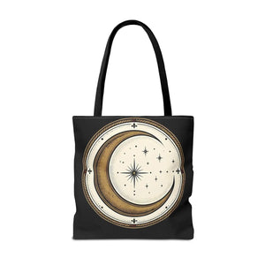 Celestial Crescent Moon Tote Bag – Vintage Starry Night AOP Canvas