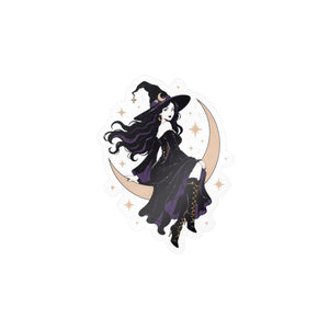 Mystical witch on crescent moon kiss-cut vinyl decal - home decor decals