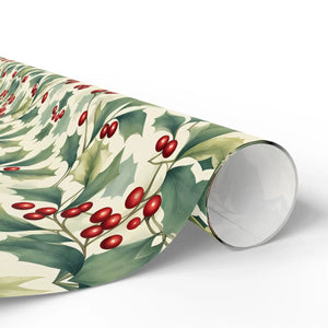 Holiday Holly Wrapping Paper Roll — Vintage Green & Red Mistletoe Pattern