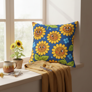 Sunny Smiles Decorative Pillow — Cute Cartoon Sunflower Throw Pillow