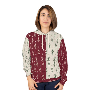 Holiday Split-Panel Hoodie — Burgundy & Cream Evergreen Pattern