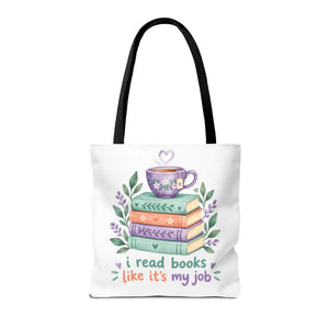 Book Lover Tote Bag — “I Read Books Like It’s My Job” Illustrated Stack & Tea