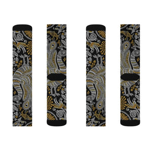 Paisley Pattern Sublimation Socks – Black & Gold Paisley Crew Socks