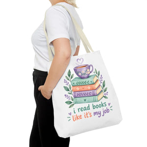 Book Lover Tote Bag — “I Read Books Like It’s My Job” Illustrated Stack & Tea
