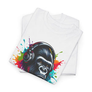 A Gorilla with a headphones with splashes of color, Unisex Heavy Cotton Tee