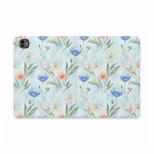 Floral Watercolor Tablet Folio Case — Pastel Blue & Peach Wildflowers