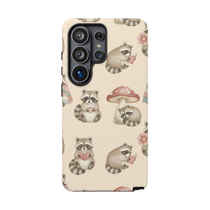 Cute Raccoon Pattern Phone Case – Beige Mushroom & Floral Tough Cases