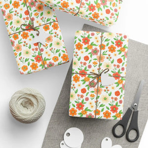 Floral watercolor wrapping paper roll, orange & peach garden gift wrap