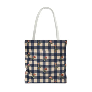 Gingham Rose Tote Bag — Vintage Navy Check Floral All-Over Print Tote