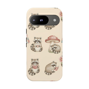 Cute Raccoon Pattern Phone Case – Beige Mushroom & Floral Tough Cases