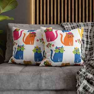Colorful Cat Pattern Square Pillow Cover — Cute Sunglasses Cats Decorative Throw Pillowcase