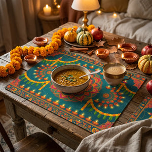 A rectangular decorative mat or placemat featuring a festive Diwali-themed mandala design with glowing oil lamps, garlands, and ornate floral borders on a dark teal background.