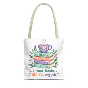 Book Lover Tote Bag — “I Read Books Like It’s My Job” Illustrated Stack & Tea