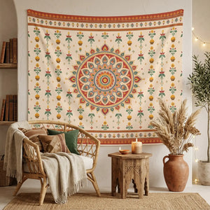 Bohemian mandala wall tapestry, earthy floral indian-inspired decor - decorative tapestries