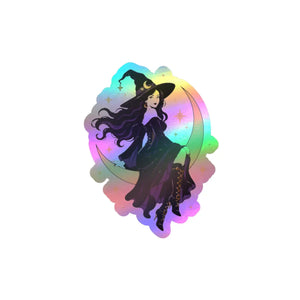 Mystical witch on crescent moon kiss-cut vinyl decal - home decor decals