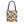 A tote bag with a colorful geometric patchwork pattern in orange, teal, beige, and navy, featuring black shoulder straps, shown against a plain white background.