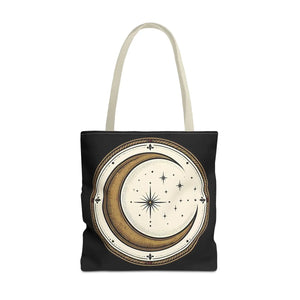 Celestial Crescent Moon Tote Bag – Vintage Starry Night AOP Canvas