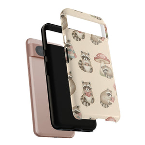 Cute Raccoon Pattern Phone Case – Beige Mushroom & Floral Tough Cases