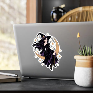 Mystical witch on crescent moon kiss-cut vinyl decal - home decor decals