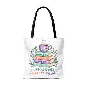 Book Lover Tote Bag — “I Read Books Like It’s My Job” Illustrated Stack & Tea