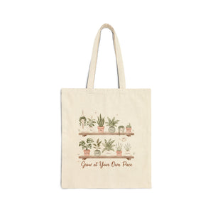 Plant Shelf Canvas Tote — "Grow at Your Own Pace" Reusable Market Bag