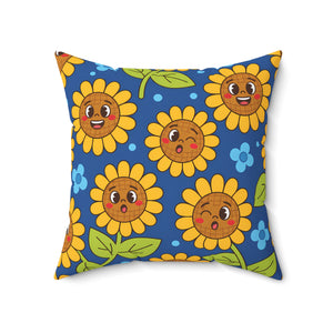 Sunny Smiles Decorative Pillow — Cute Cartoon Sunflower Throw Pillow
