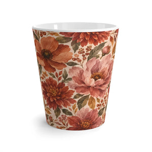 Wide low latte mug profile carrying a DipaliZ watercolor floral design