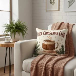 Cozy Christmas Club faux linen throw pillow by DipaliZ with hot cocoa art