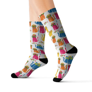 Colorful Cat Pattern Sublimation Socks — Cute Novelty Crew Socks for Cat Lovers