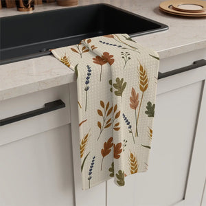 Wheat, leaves and floral sprigs on a cream DipaliZ microfiber tea towel