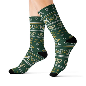 Green Nordic Heart Pattern Sublimation Socks — Festive Holiday Crew Socks